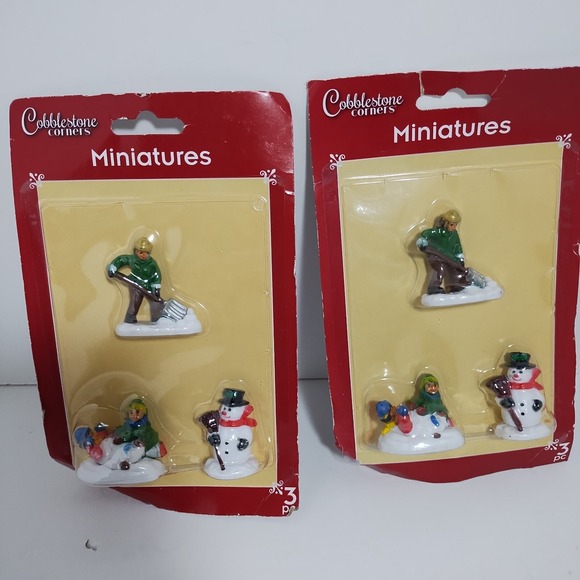 2 Cobblestone Corners 3-Piece Miniatures Winter Village Snowman Set Of 2 Two - Picture 1 of 6